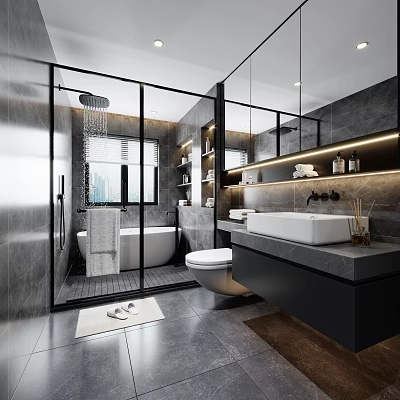 Modern Gray Bathroom Interior With Glass Shower Bathtub And Marble Vanity Mirror 3d model