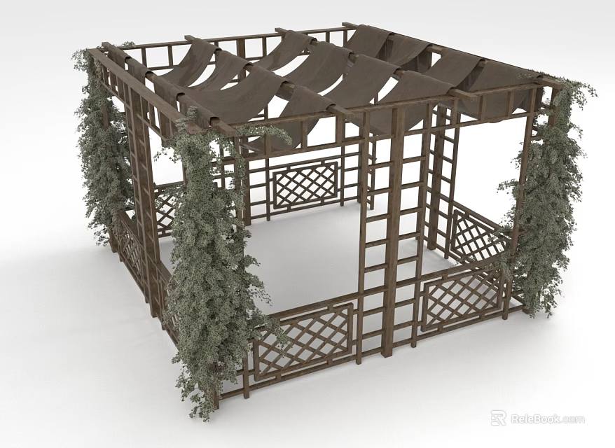 Outdoor Food Dining Pavilion With Wooden Structure Green Vines And Shaded Top 3d model 