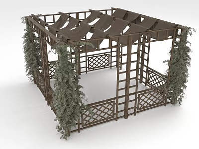 Outdoor Food Dining Pavilion With Wooden Structure Green Vines And Shaded Top 3d model