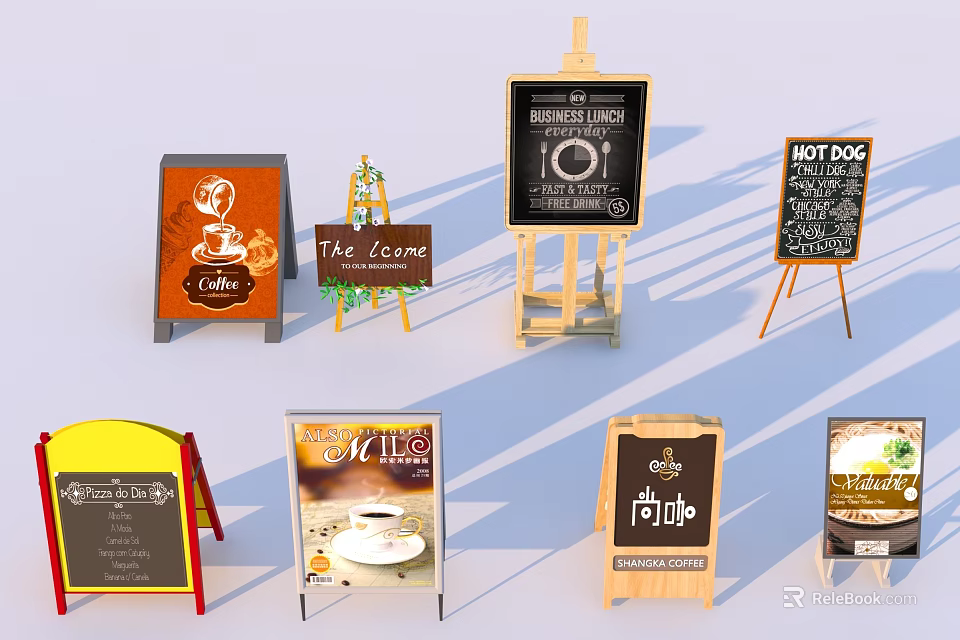 Different Types of Advertising Billboards for Cafe Food Promotion with Chalkboard Wooden Stands 3d model 