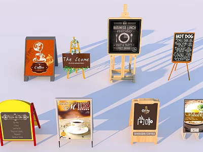 Different Types of Advertising Billboards for Cafe Food Promotion with Chalkboard Wooden Stands 3d model