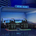 Futuristic Exhibition Hall with Seats Glowing Lines Large Screens City Night View and Person Standing