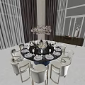 Elegant Round Dining Table Set With White Chairs Crystal Chandelier And Tableware 3d model