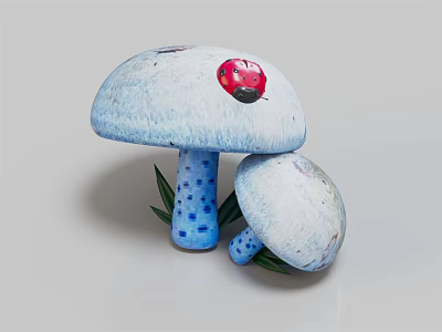 Decorative Mushroom Ornament Set With Ladybug White Caps Blue Dotted Stems And Green Leaves 3d model