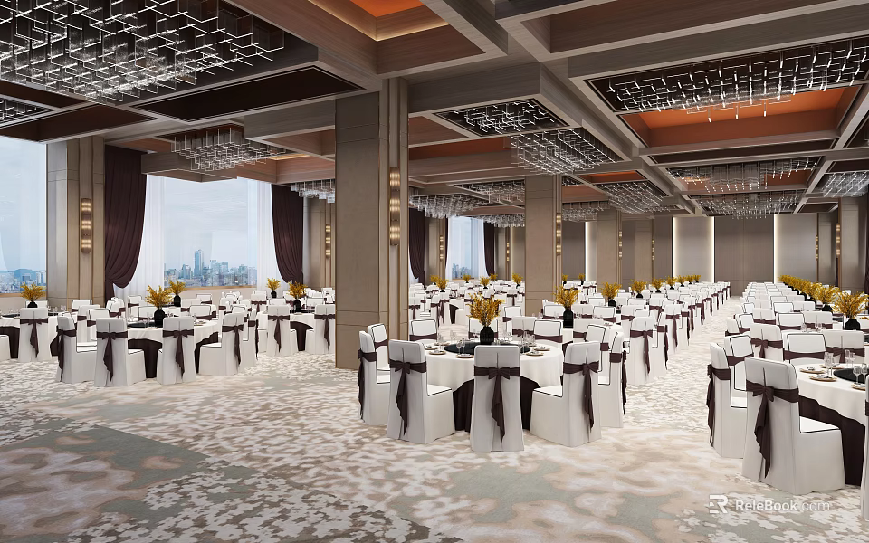 Elegant Banquet Hall With White Tablecloths Black Chair Ribbons Floral Centerpieces And City View Windows 3d model 