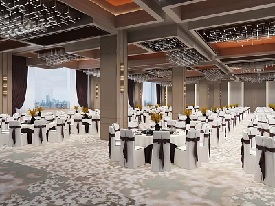 Elegant Banquet Hall With White Tablecloths Black Chair Ribbons Floral Centerpieces And City View Windows 3d model