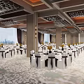 Elegant Banquet Hall With White Tablecloths Black Chair Ribbons Floral Centerpieces And City View Windows