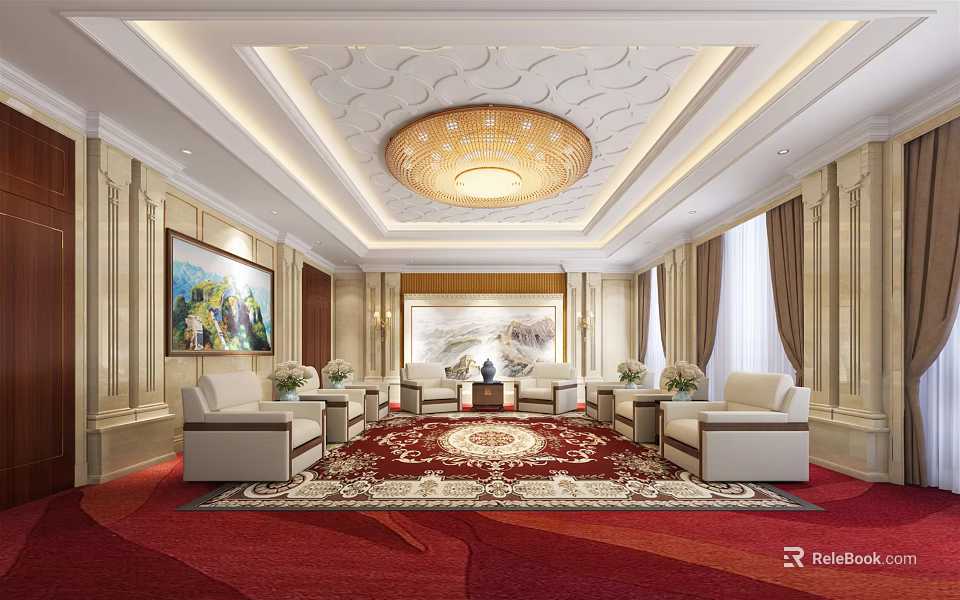 Elegant Hotel Public Lounge Area With Ornate Chandelier Red Carpet And Beige Sofas 3d model 