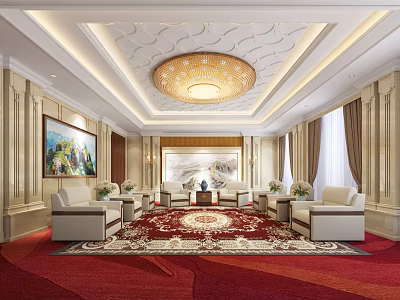 Elegant Hotel Public Lounge Area With Ornate Chandelier Red Carpet And Beige Sofas 3d model