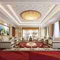 Elegant Hotel Public Lounge Area With Ornate Chandelier Red Carpet And Beige Sofas