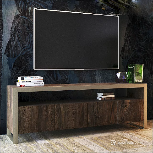 Modern Wooden TV Stand With Dark Leaf Pattern Backdrop And Stacked Books Decorative Items 3d model 