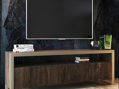 Modern Wooden TV Stand With Dark Leaf Pattern Backdrop And Stacked Books Decorative Items 3d model
