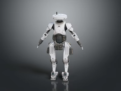 Futuristic White Robot With Disc Shaped Head And Mechanical Limbs Standing 3d model