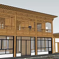 Traditional Chinese Guesthouse Building With Wooden Structure Carved Details Balcony And Large Windows