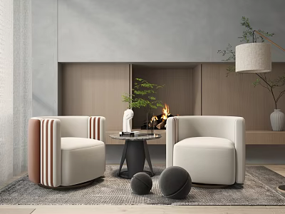 Casual Sofa Set With Two Armchairs Small Coffee Table Fireplace And Green Plant 3d model