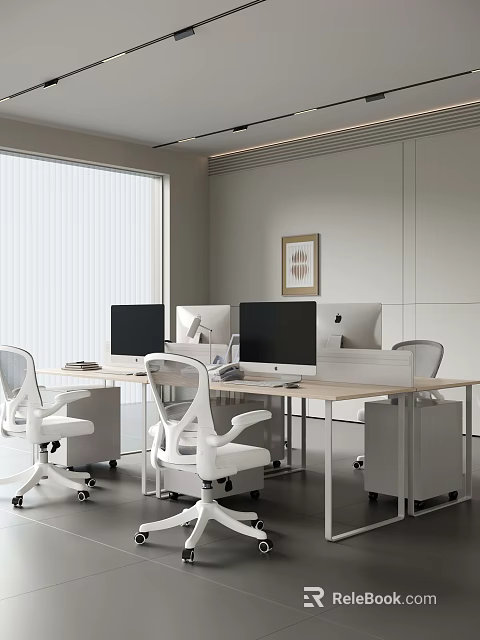 Modern Minimalist Office Interior With Desks Computers And White Chairs 3d model