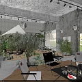 Industrial Style Café Interior With Concrete Structure Green Plants Pendant Lights And Canopy Decoration