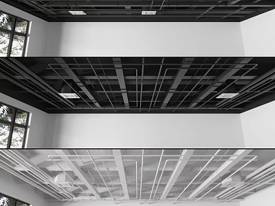 Three Different Ceiling Designs With Black White Metal Frames Recessed Lights And Grid Structures 3d model