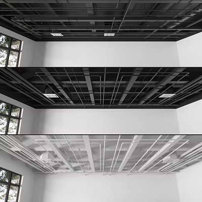 Three Different Ceiling Designs With Black White Metal Frames Recessed Lights And Grid Structures 3d model