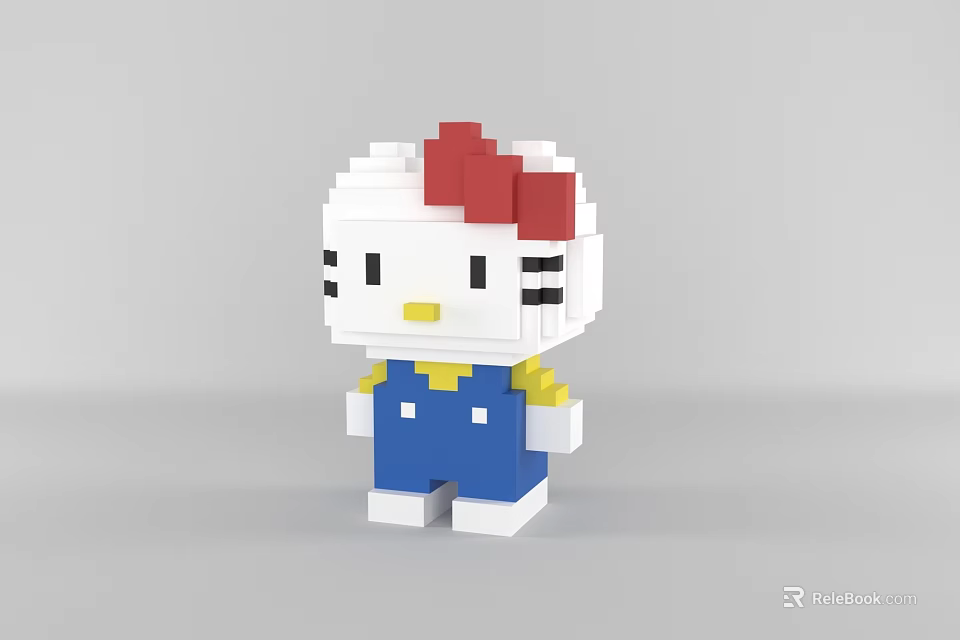 Cute Block Style Decorative Ornament Set with White Head Red Bow Blue Overalls Hello Kitty 3d model 