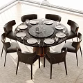Modern Round Marble Dining Table Set With Black Leather Chairs And Plates 3d model