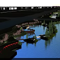 Waterfront Landscape Design With Lake Island Bridge Pavilion Walkway And Lush Greenery