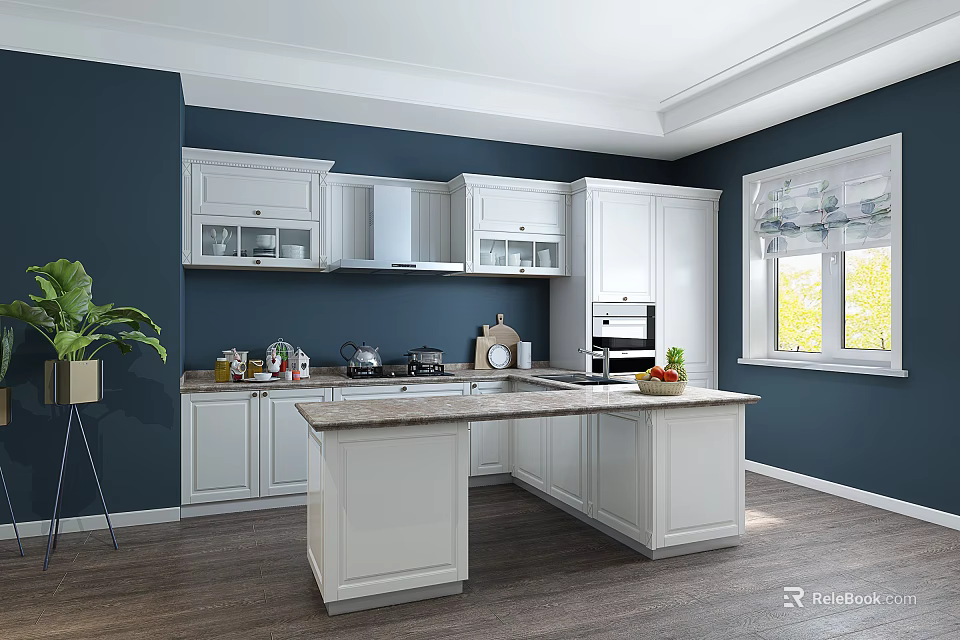 Modern Kitchen Interior With White Cabinets Navy Blue Walls And Marble Island Countertop 3d model 