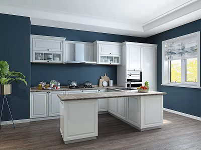 Modern Kitchen Interior With White Cabinets Navy Blue Walls And Marble Island Countertop 3d model