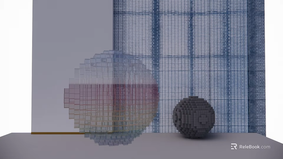 Decorative Ornament Set With Transparent Gradient Cube Sphere And Gray Textured Ball On Grid Background 3d model 