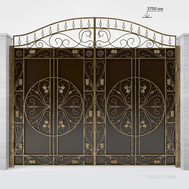 Ornate Wrought Iron Gate With Floral Patterns Circular Designs And Stone Border 3d model 