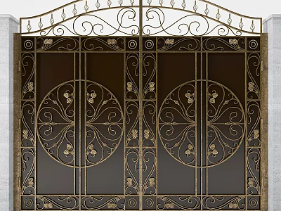 Ornate Wrought Iron Gate With Floral Patterns Circular Designs And Stone Border 3d model