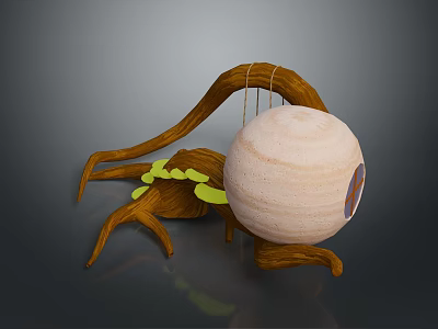 Wooden Art Sculpture With Planetary Sphere Insect Like Legs And Green Elements 3d model