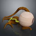 Wooden Art Sculpture With Planetary Sphere Insect Like Legs And Green Elements
