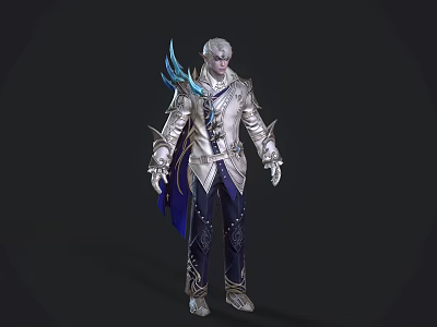 White Haired Game Movie Character In Silver Blue Ornate Armor With Blue Accents 3d model