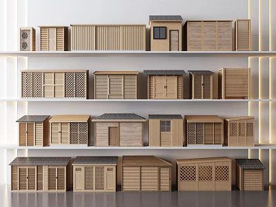 Various Wooden House Models Neatly Arranged On Multiple Display Shelves 3d model