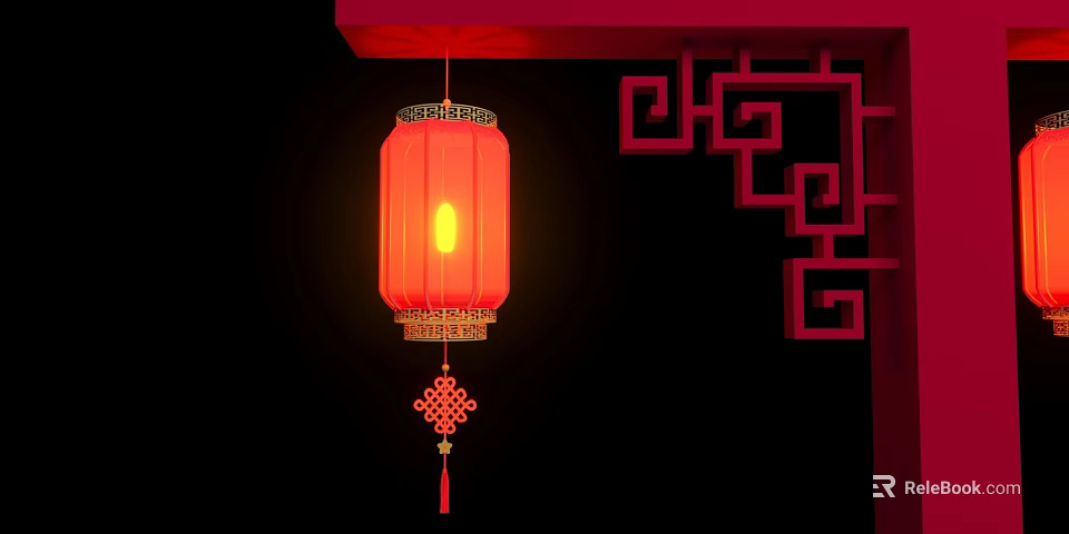 Red Door Arch with Hanging Red Lantern Yellow Circle and Chinese Knot Decoration 3d model 