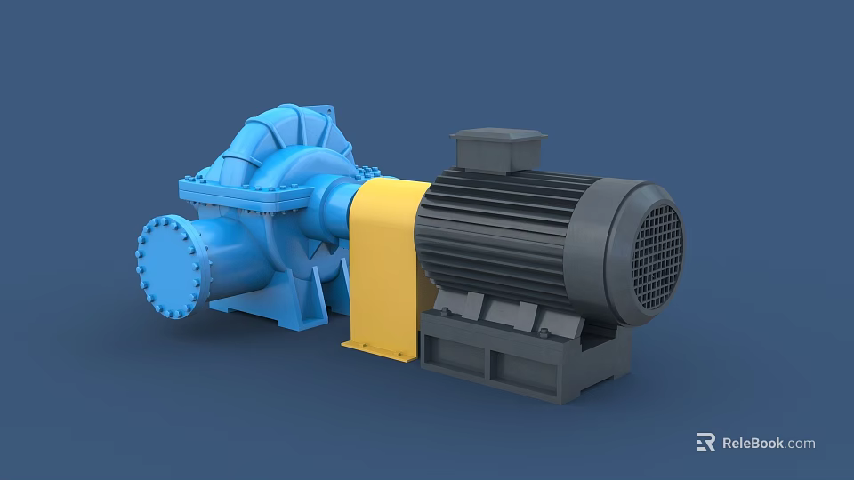 Industrial Equipment With Blue Pump Unit Grey Motor And Yellow Coupling Base 3d model 