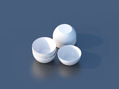 White Textured Bowls Tableware Set On Blue Background With Reflections 3d model