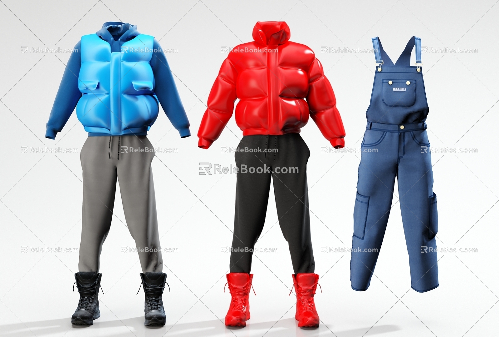 clothes down jacket vest pants shoes boots jeans suspenders 3d model