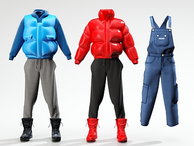 clothes down jacket vest pants shoes boots jeans suspenders 3d model