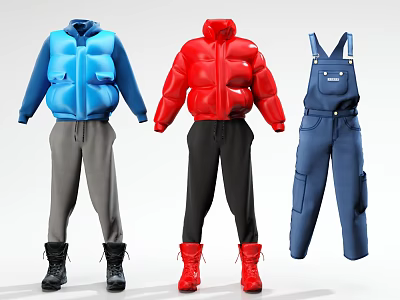 Blue Red Puffer Jackets Gray Black Pants And Blue Overalls Trendy Casual Clothes 3d model