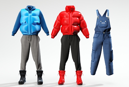 clothes down jacket vest pants shoes boots jeans suspenders 3d model