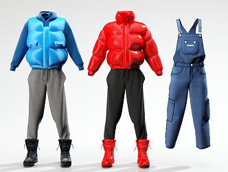 clothes down jacket vest pants shoes boots jeans suspenders 3d model