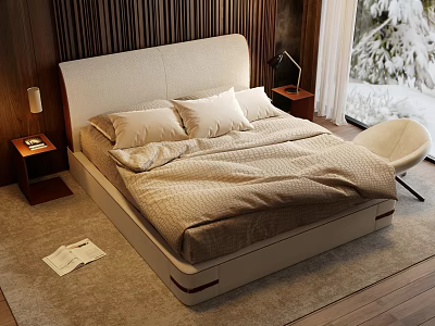 Double Bed With Upholstered Headboard Pillows Quilt Nightstand Lamp Snowy Window And Wooden Wall 3d model
