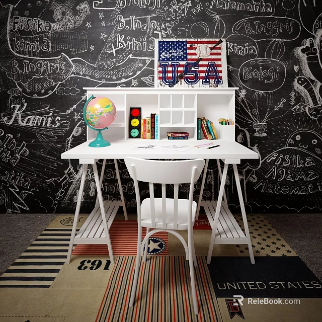 White Desk With Shelf Globe Books USA Sign And White Chair On Striped Rug 3d model 