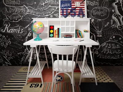 White Desk With Shelf Globe Books USA Sign And White Chair On Striped Rug 3d model