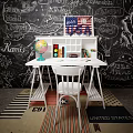 White Desk With Shelf Globe Books USA Sign And White Chair On Striped Rug