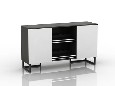 Modern Black And White Sideboard With Cabinet Doors Open Shelves And Metal Legs 3d model