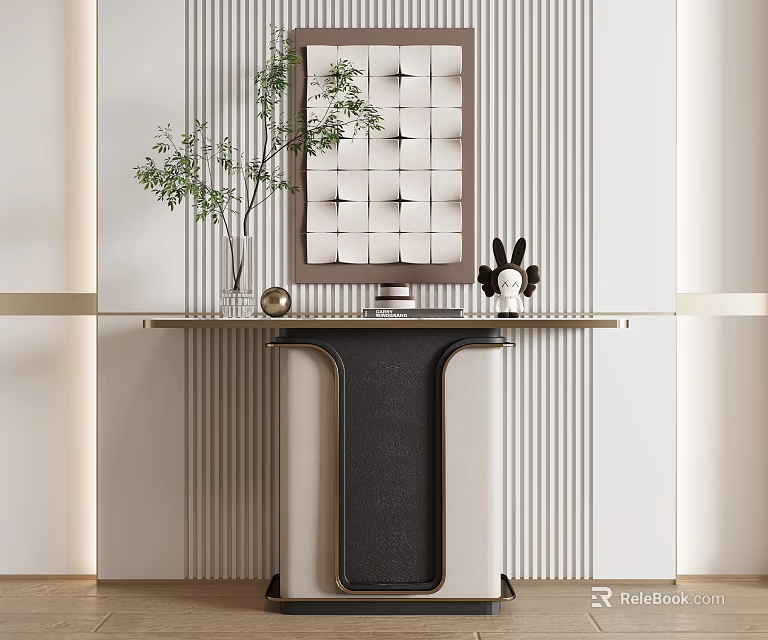 Modern Console Table Interior Design With Green Plant Vase And Decorative Items On Textured Wall 3d model 