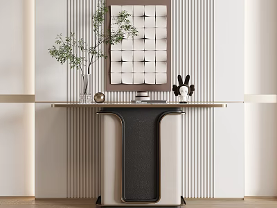 Modern Console Table Interior Design With Green Plant Vase And Decorative Items On Textured Wall 3d model